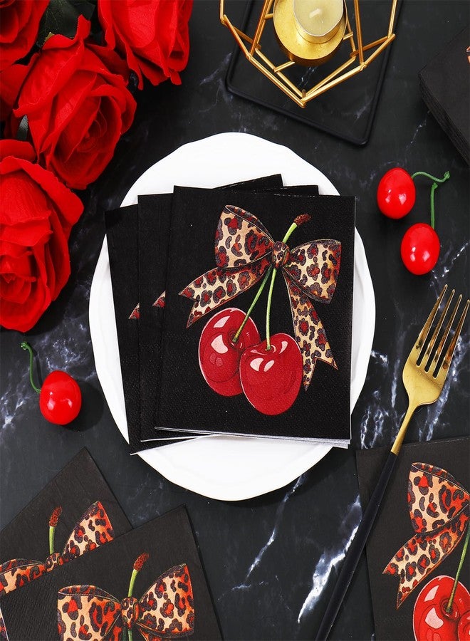 Whaline 50 Pcs Cheetah Cherry Cocktail Napkin Disposable Paper Napkin Red Black Leopard Bow Drink Beverage Napkins for Home Party Tableware Supplies Decor - Image 4
